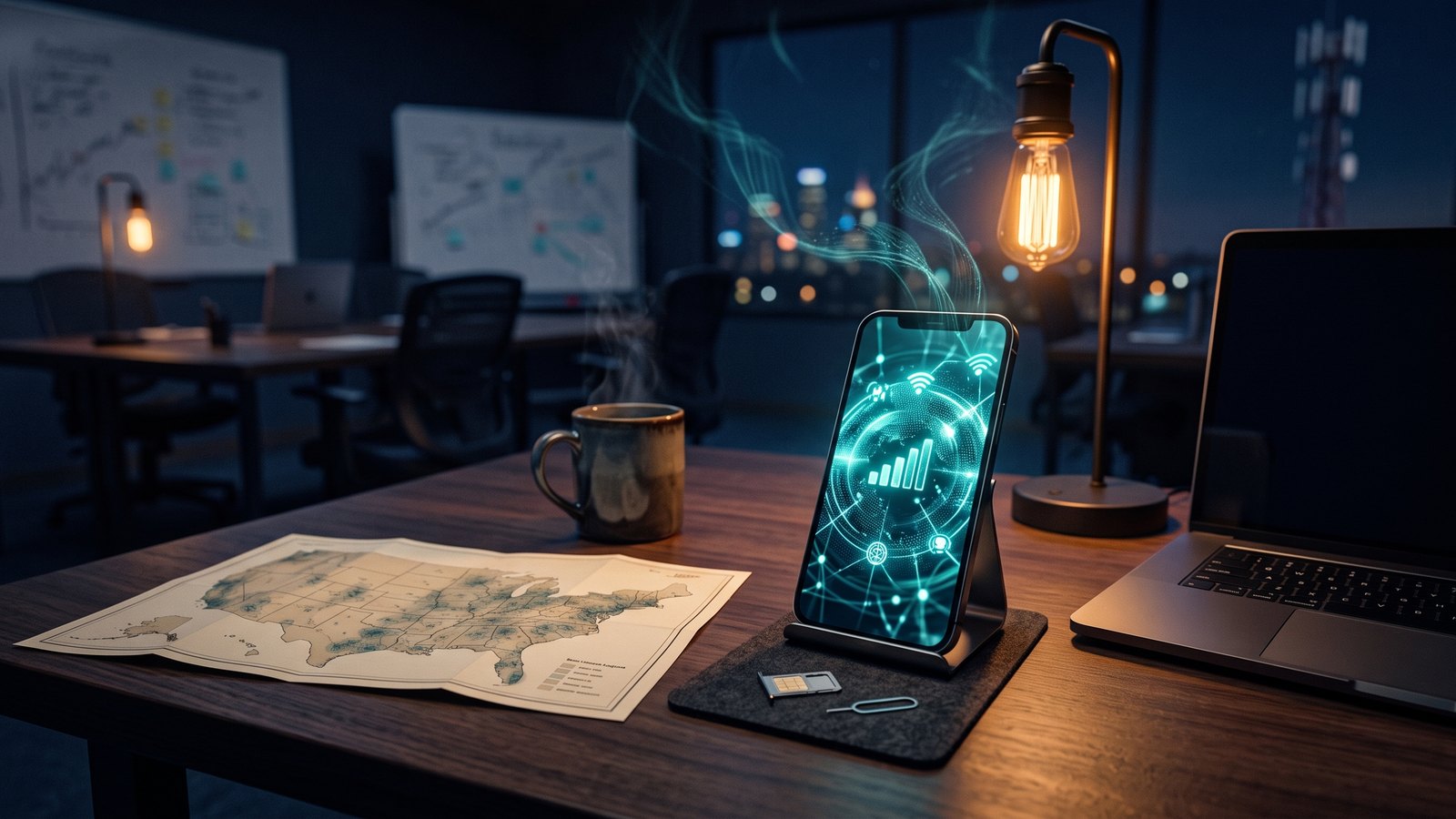 Founder desk with eSIM activation and US coverage map