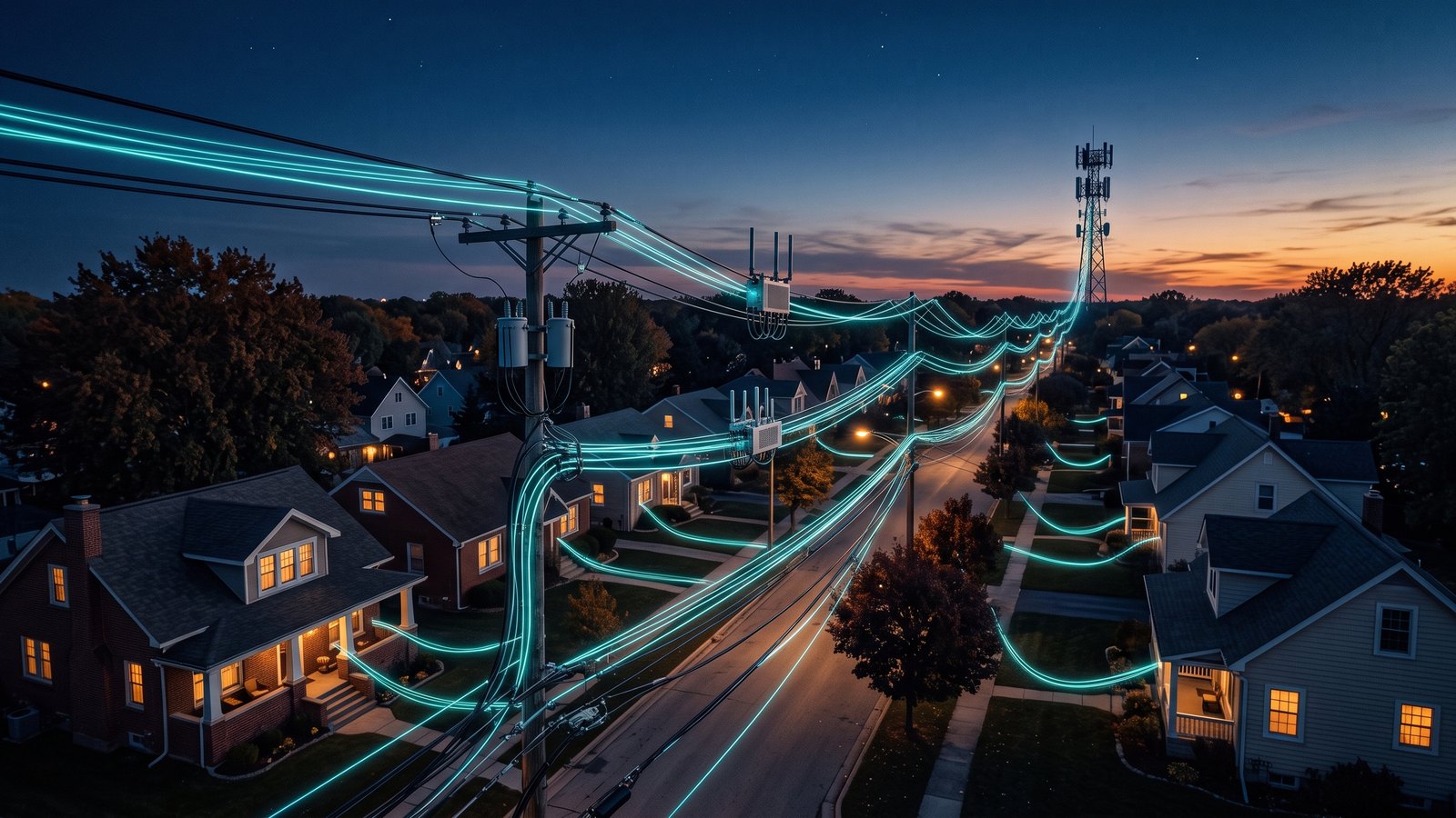 Cable lines carrying wireless signal through a US suburb at dusk